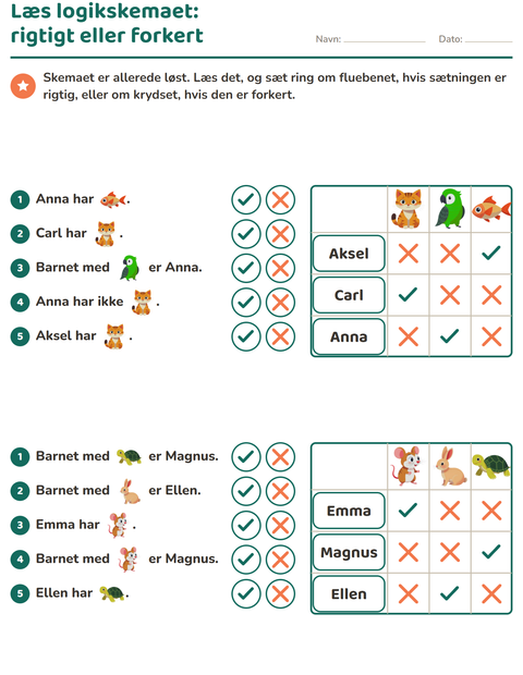 Forhåndsvisning af Logikopgaver-arbejdsark med Kæledyr til 2. klasse