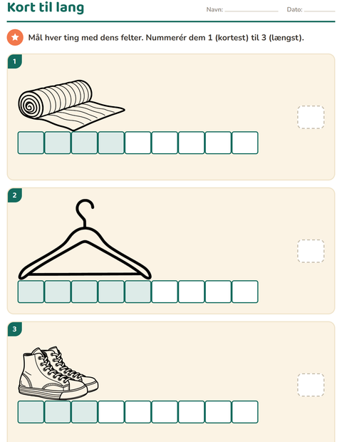 Forhåndsvisning af Måling-arbejdsark med Objekter SH til 1. klasse