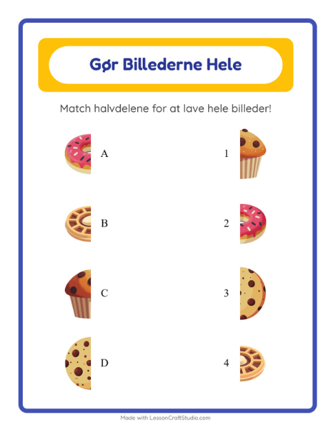 Forhåndsvisning af Match Skygger-arbejdsark med Bageri til Børnehaveklasse