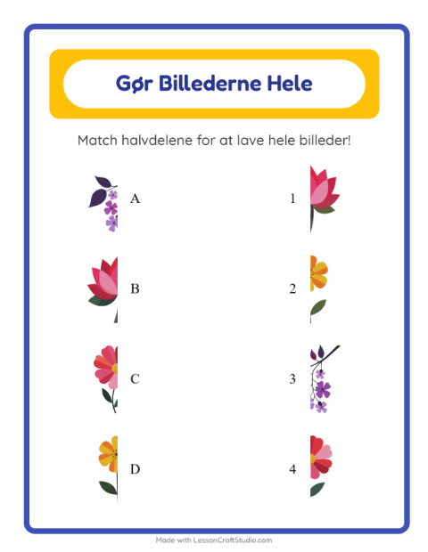 Forhåndsvisning af Match Skygger-arbejdsark med Blomster til Børnehaveklasse