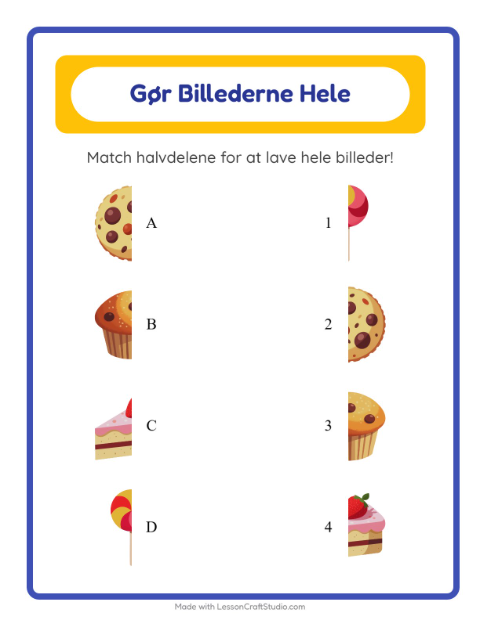 Forhåndsvisning af Match Skygger-arbejdsark med Desserter og slik til Børnehaveklasse