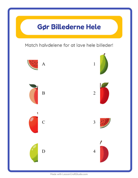 Forhåndsvisning af Gør billedet helt: frugter – opgave til børnehaveklassen