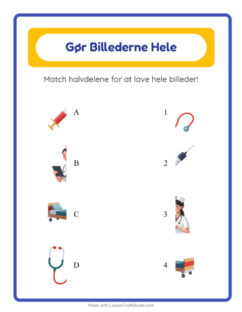 Forhåndsvisning af Match Skygger-arbejdsark med Hospital til Børnehaveklasse