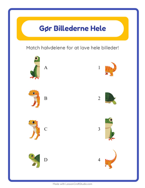 Forhåndsvisning af Match Skygger-arbejdsark med Krybdyr og padder til Børnehaveklasse