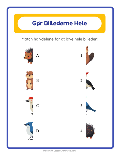 Forhåndsvisning af Match Skygger-arbejdsark med Skovdyr til Børnehaveklasse