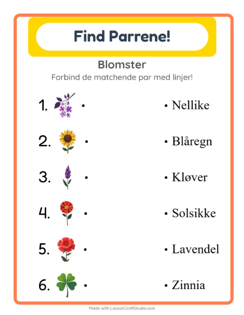 Forhåndsvisning af Forbind ord og billede: blomster – opgave til 1. klasse
