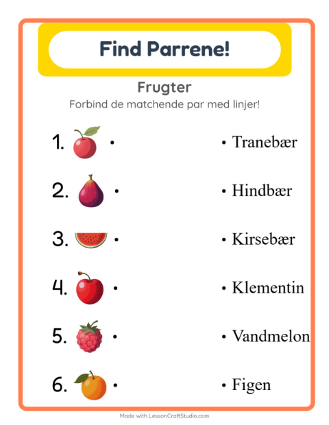 Forhåndsvisning af Forbind ord og billede: frugter – opgave til 1. klasse
