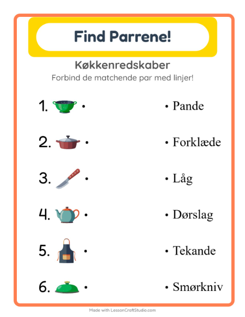 Forhåndsvisning af Forbind ord og billede: køkkenredskaber – opgave til 1. klasse