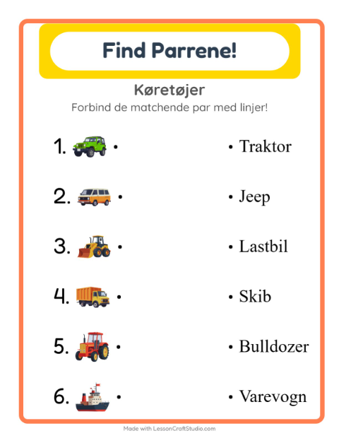 Forhåndsvisning af Forbind ord og billede: køretøjer – opgave til 1. klasse