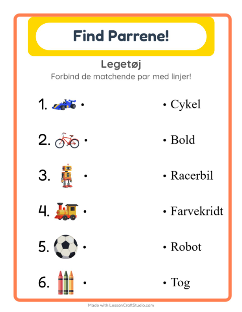 Forhåndsvisning af Forbind ord og billede: legesager – opgave til 1. klasse