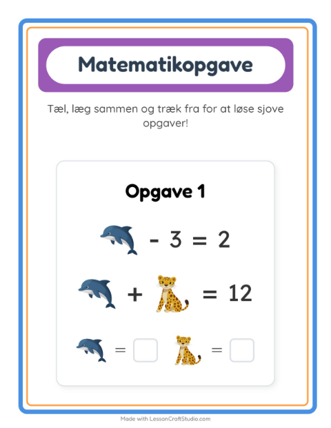 Forhåndsvisning af Matematikark-arbejdsark med Dyr til Børnehaveklasse