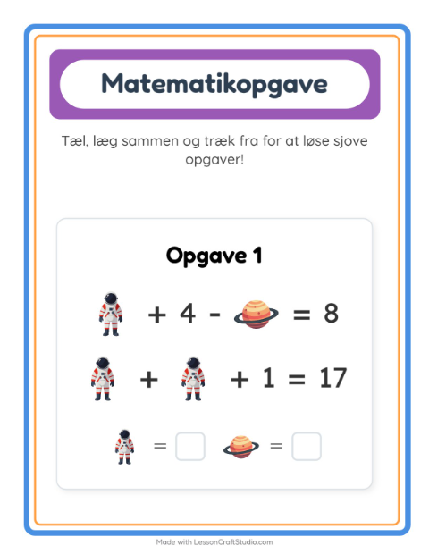 Forhåndsvisning af Matematikark-arbejdsark med Rummet til Børnehaveklasse