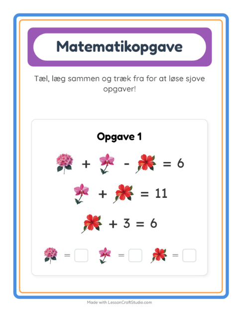 Forhåndsvisning af Matematikark-arbejdsark med Blomster til Børnehaveklasse