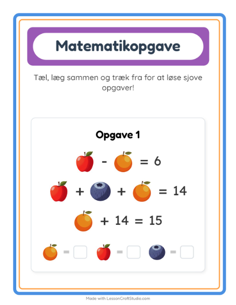 Forhåndsvisning af Matematikark-arbejdsark med Frugter til Børnehaveklasse