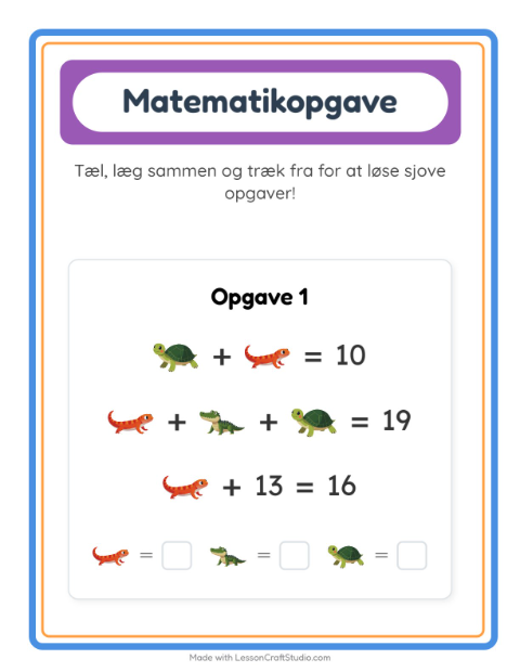 Forhåndsvisning af Matematikark-arbejdsark med Krybdyr og padder til Børnehaveklasse