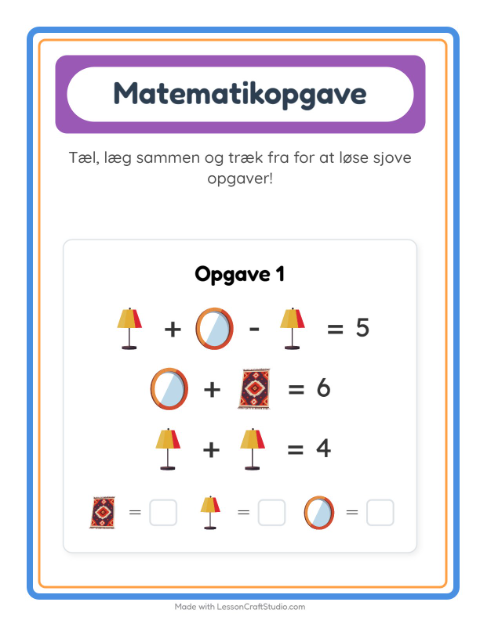 Forhåndsvisning af Matematikark-arbejdsark med Møbler til Børnehaveklasse