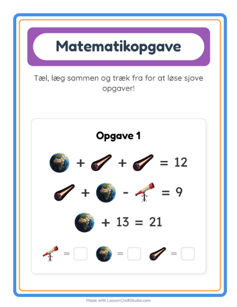 Forhåndsvisning af Matematikark-arbejdsark med Rummet til Børnehaveklasse