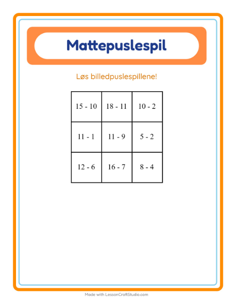 Forhåndsvisning af Matematikpuslespil-arbejdsark med 4. juli til 1. klasse