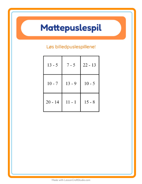 Forhåndsvisning af Matematikpuslespil-arbejdsark med Aktiviteter til 1. klasse