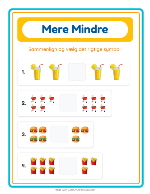 Forhåndsvisning af Mere Eller Mindre-arbejdsark med 4. juli til Børnehave