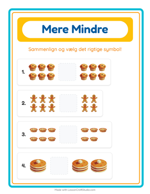 Forhåndsvisning af Mere Eller Mindre-arbejdsark med Desserter og slik til Børnehave