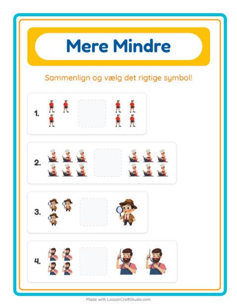 Forhåndsvisning af Mere Eller Mindre-arbejdsark med Erhverv til Børnehave