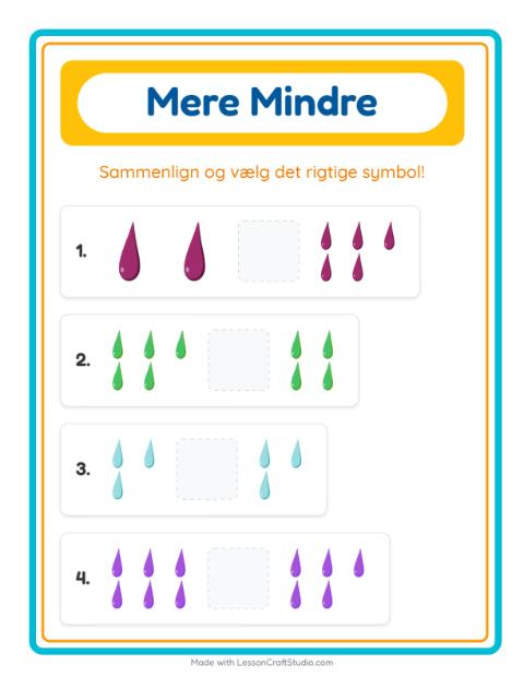 Forhåndsvisning af Mere Eller Mindre-arbejdsark med Farver til Børnehave