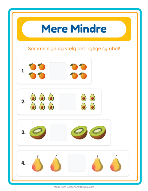 Forhåndsvisning af Mere Eller Mindre-arbejdsark med Frugter til Børnehave