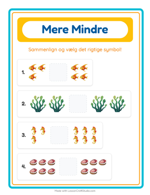 Forhåndsvisning af Mere Eller Mindre-arbejdsark med Havliv til Børnehave
