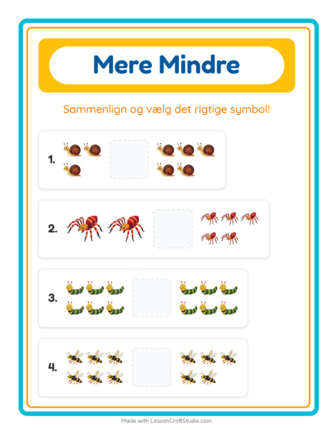 Forhåndsvisning af Mere Eller Mindre-arbejdsark med Insekter og kryb til Børnehave