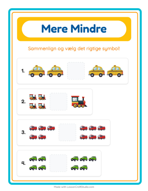 Forhåndsvisning af Mere Eller Mindre-arbejdsark med Køretøjer til Børnehave