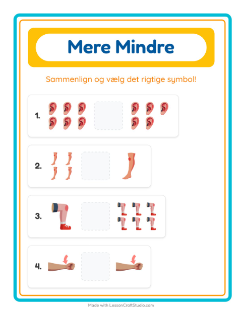 Forhåndsvisning af Mere Eller Mindre-arbejdsark med Kropsdele til Børnehave