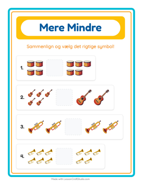 Forhåndsvisning af Mere Eller Mindre-arbejdsark med Musik til Børnehave