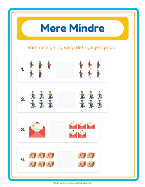 Forhåndsvisning af Mere Eller Mindre-arbejdsark med Postkontor til Børnehave