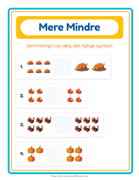 Forhåndsvisning af Mere Eller Mindre-arbejdsark med Thanksgiving til Børnehave