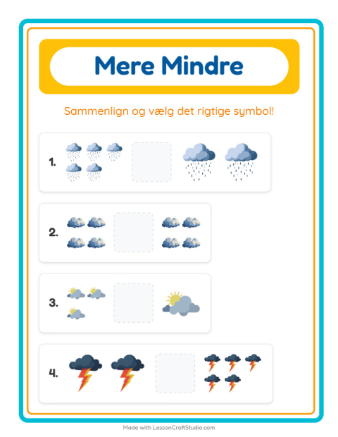 Forhåndsvisning af Mere Eller Mindre-arbejdsark med Vejr til Børnehave