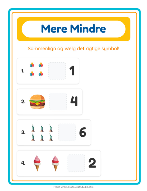 Forhåndsvisning af Mere Eller Mindre-arbejdsark med 4. juli til Børnehave