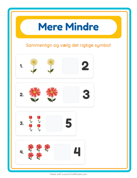Forhåndsvisning af Mere Eller Mindre-arbejdsark med Blomster til Børnehave