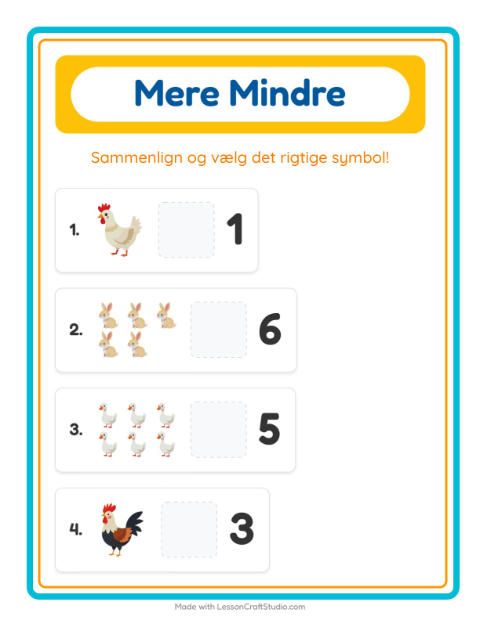 Forhåndsvisning af Mere Eller Mindre-arbejdsark med Bondegårdsdyr til Børnehave