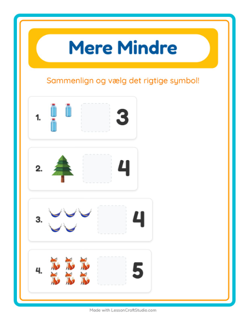 Forhåndsvisning af Mere Eller Mindre-arbejdsark med Camping til Børnehave