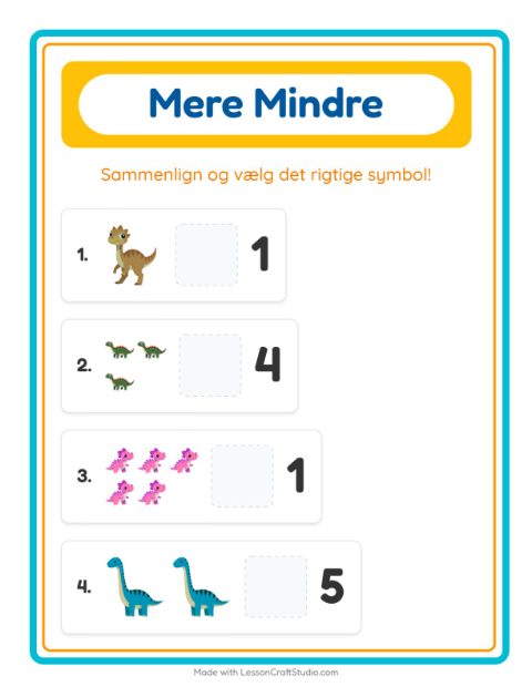 Forhåndsvisning af Mere Eller Mindre-arbejdsark med Dinosaurer til Børnehave