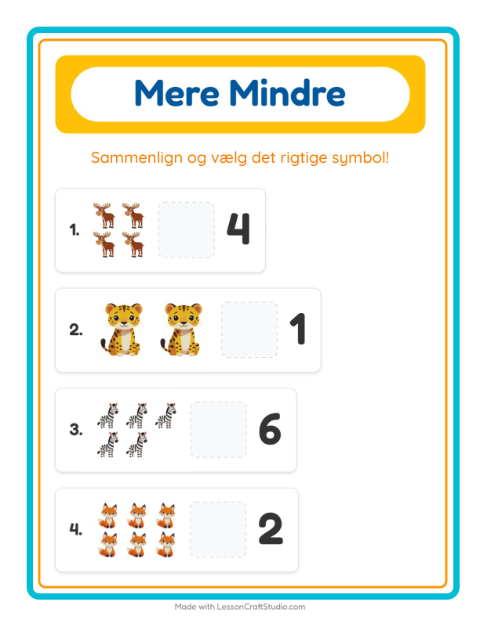 Forhåndsvisning af Mere Eller Mindre-arbejdsark med Dyr til Børnehave