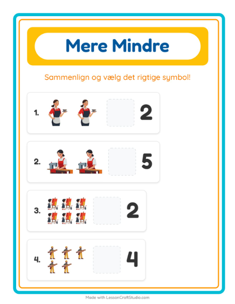 Forhåndsvisning af Mere Eller Mindre-arbejdsark med Erhverv til Børnehave