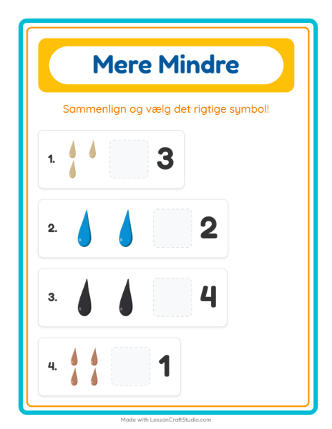 Forhåndsvisning af Mere Eller Mindre-arbejdsark med Farver til Børnehave