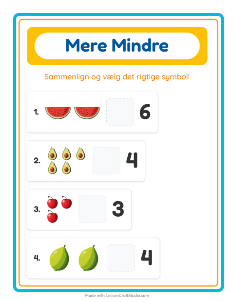 Forhåndsvisning af Mere Eller Mindre-arbejdsark med Frugter til Børnehave