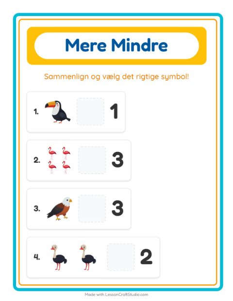 Forhåndsvisning af Mere Eller Mindre-arbejdsark med Fugle til Børnehave