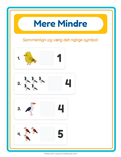 Forhåndsvisning af Mere Eller Mindre-arbejdsark med Fugle 2 til Børnehave