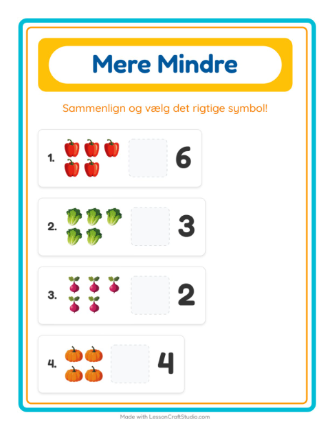 Forhåndsvisning af Mere Eller Mindre-arbejdsark med Grøntsager til Børnehave