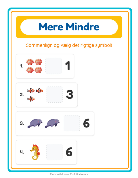 Forhåndsvisning af Mere Eller Mindre-arbejdsark med Havliv til Børnehave