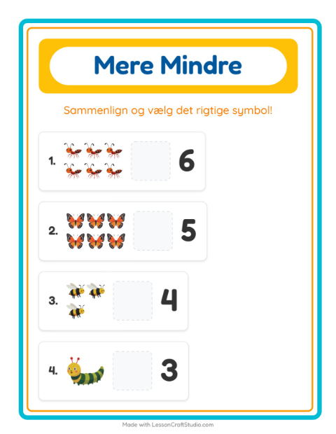 Forhåndsvisning af Mere Eller Mindre-arbejdsark med Insekter og kryb til Børnehave